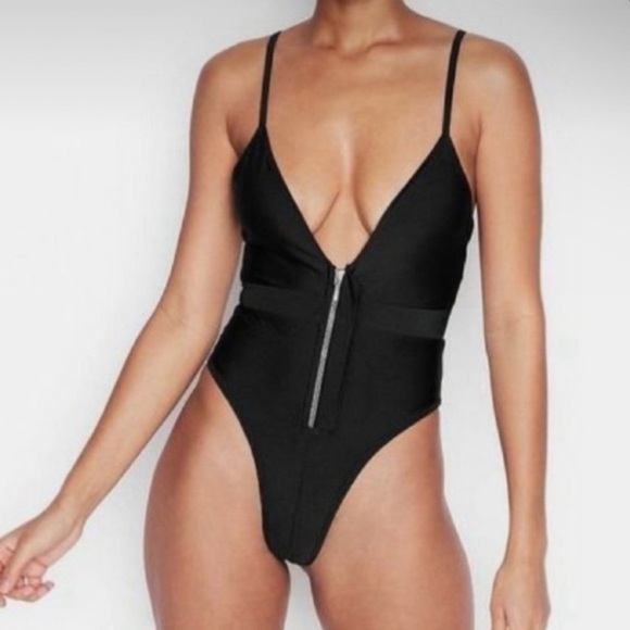 New! FAE zipper front plunge one piece swimsuit black 15574 - Picture 1 of 5